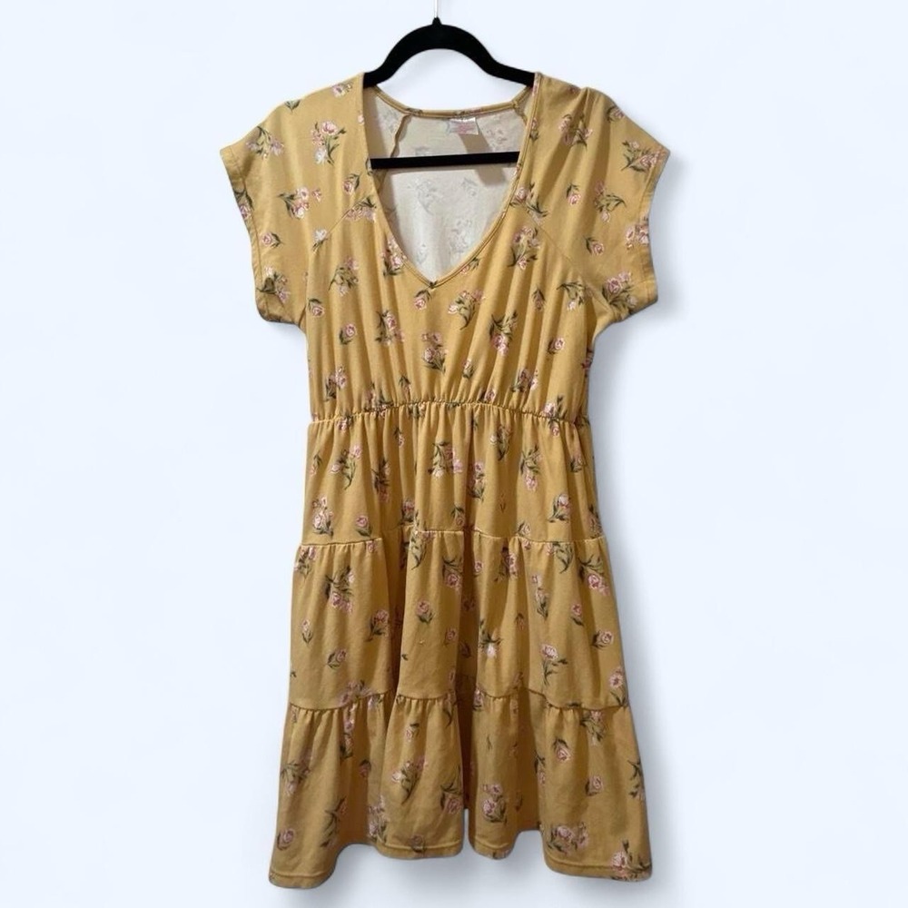 No Boundaries Prairie Floral Tiered Mini Dress XL Yellow Pink Boho Cottagecore